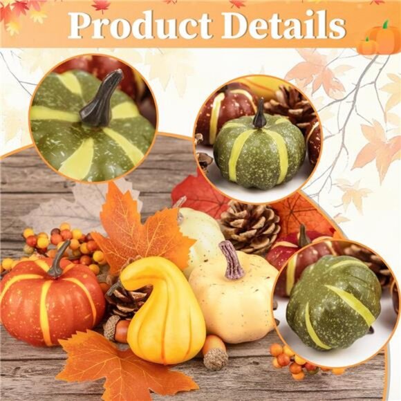 25Pcs Artificial Decor Set Assorted Fall Mini Pumpkin Decorations w Maple Leaves - Picture 3 of 7
